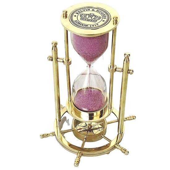 Rotating Stand and Timer 20.32cm Ship Nautical Wood and Brass Sand Timer Hourglass