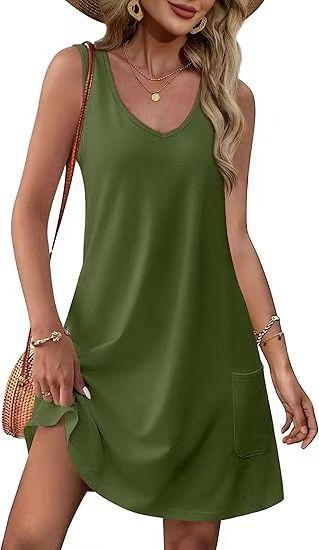 Summer Beach Loose V-Neck Sleeveless Pocket Dress Tank Top Skirt