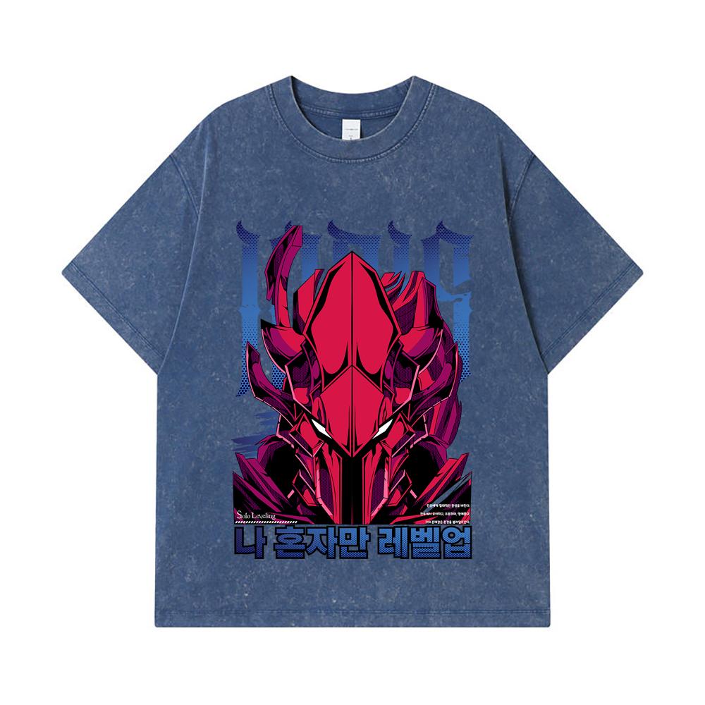 

275 GSM Washed T-shirts 100% Cotton Solo Leveling V13 Igris Print Unisex Heavy Cotton T Shirt 2XL