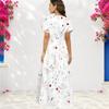 Women Plus Size V Neck Short Sleeve Floral Printed Dark Blue Straight Maxi Dress