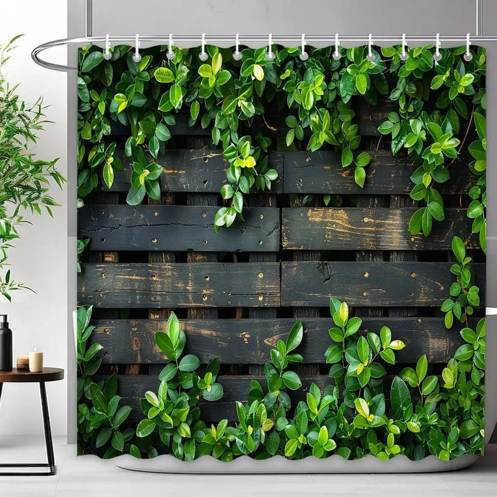Rustiek Rustiek Houten Paneel Tuinmuur Douchegordijn Groene Plant Blad Omheining Polyester Douchegordijnen Badkamer Decor