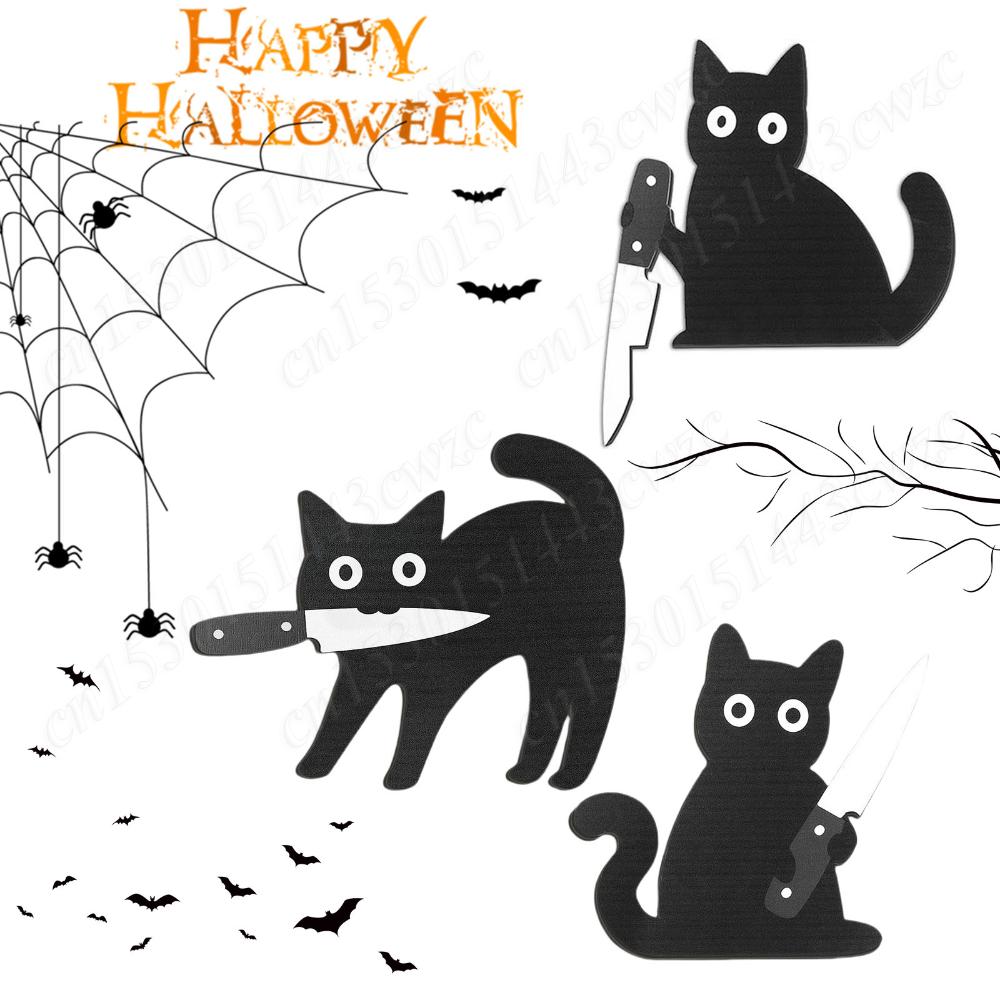 3Pcs Black Cat Holding Cutter Halloween Door Frame Decor 3 Spooky Wooden Black Cats Funny Wall Art Home Bedroom Decoration Props