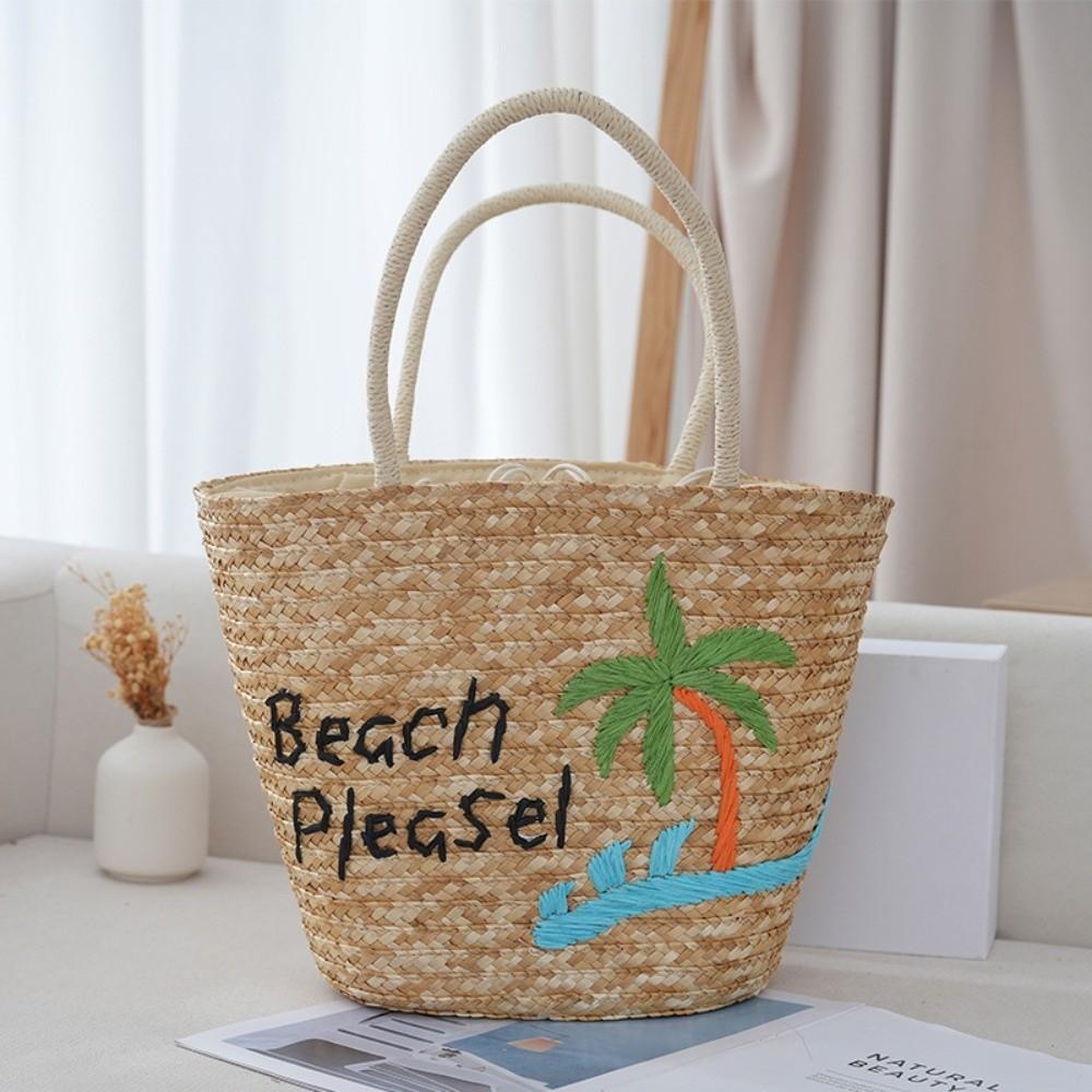 

Handmade Grass Woven Tote Bag Straw Woven Large Capacity Embroidery Handbag Hollow Solid Color Beach Shoulder Bag Vacation
