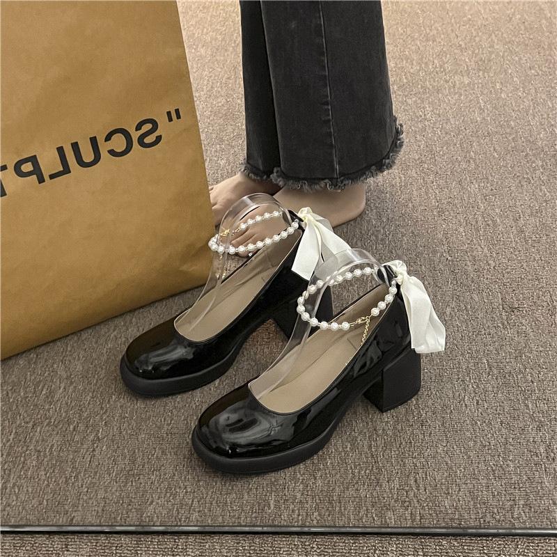 

Туфли на очень высоком каблуке детские весна-осень 2024 года, новые водонепроницаемые туфли Мэри Джейн с толстым каблуком и жемчугом, большие размеры, маленькие кожаные туфли 35 чёрный