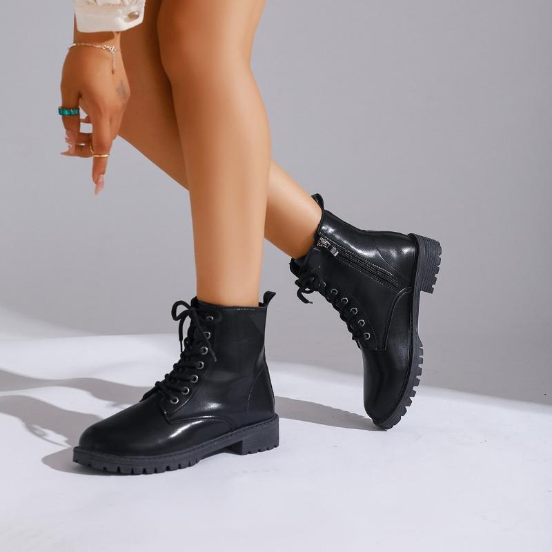 Short Thigh Boots Women's Autumn New Round Toe Side Zip Front Lace-Up Soft Sole Anti-Slip Wear-Resistant Block Heel Shoes