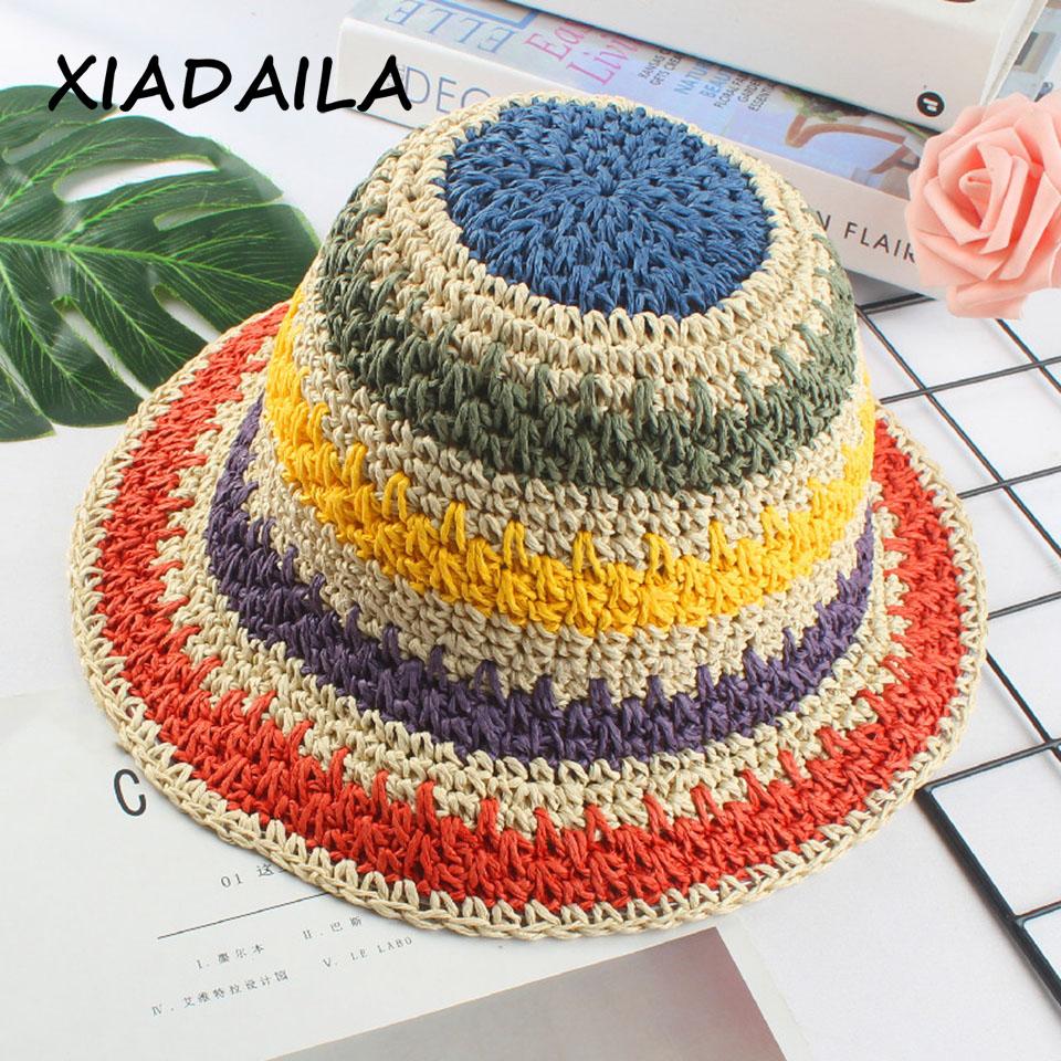 2020 Summer Women's Bucket Hat Straw Made Rainbow Crochet Foldable Parent-child Panama Hat Children Female Beach Sun Visor Cap