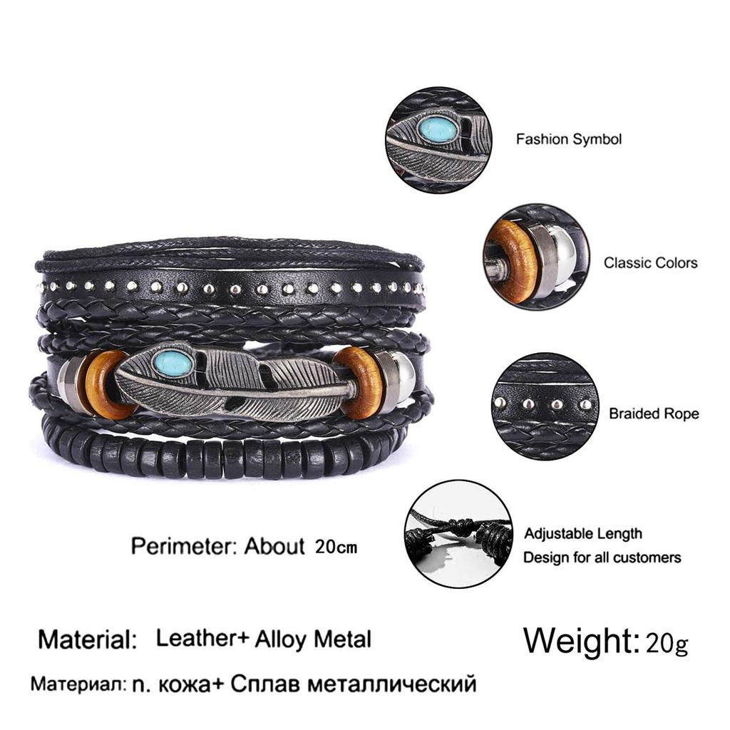 Vintage Multi-layer Feather Star Leather Bracelets For Men Hand-knitted Leaves Rope Wrap Wristband Bracelet Ethnic Party Jewelry
