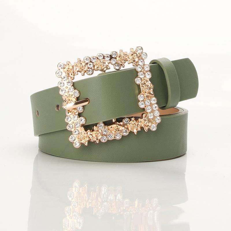 

Women s belt alloy inlaid rhinestone pin buckle with dress decorative belt elegant versatile niche pu belt зелёный