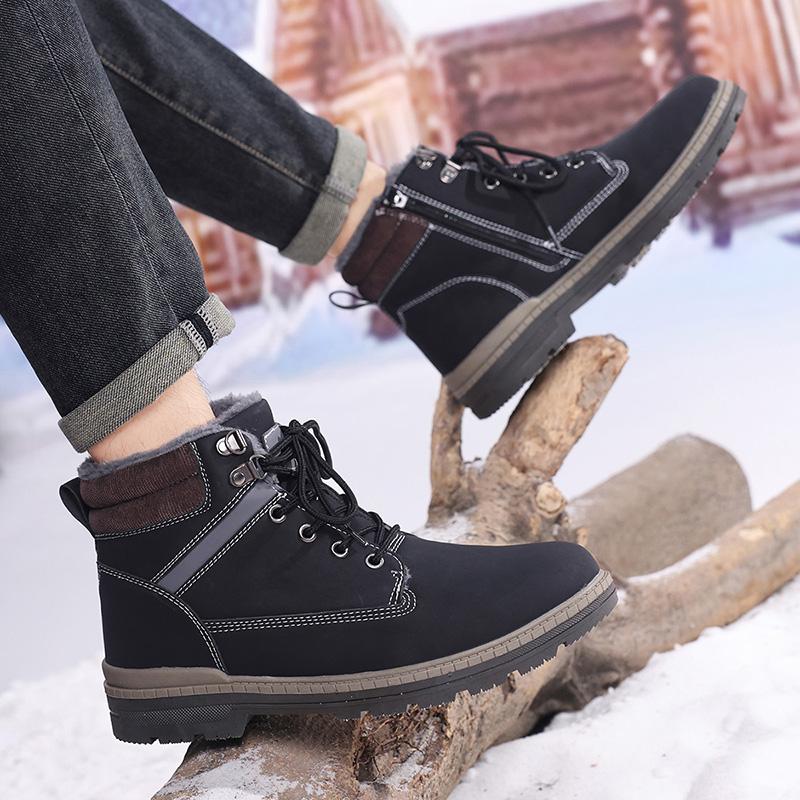 TUINANLE Men Winter Boots Warm Plush High-top Velcro Non-slip Chunky Heel Snow Outdoor Shoes