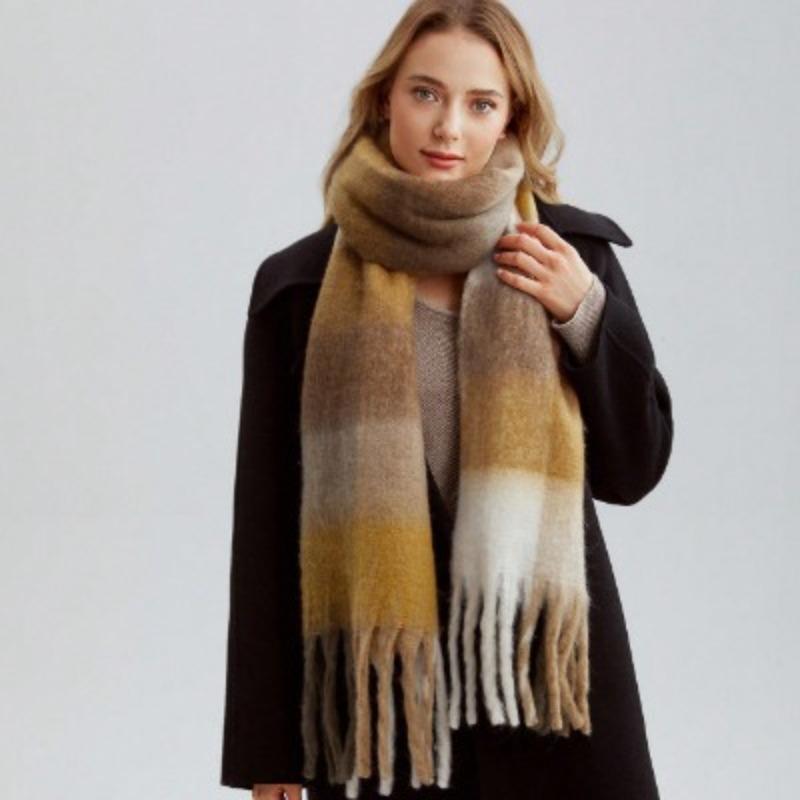 High-end color matching mohair scarf women's autumn and winter warmth thickened versatile plaid tassel
