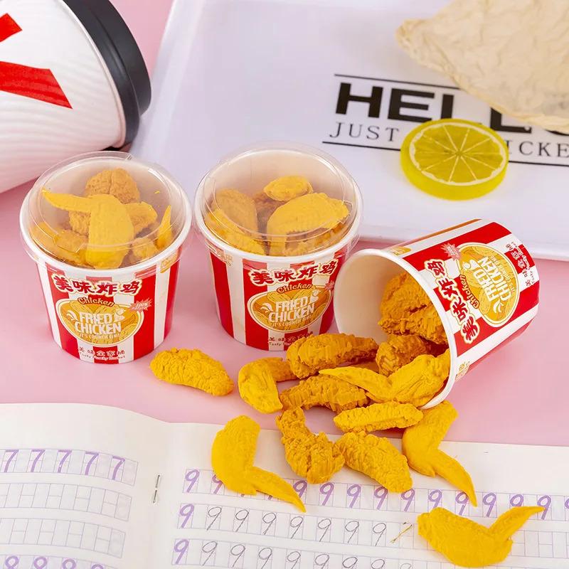 1 Bucket of Nine Creative Simulated Fried Chicken Bucket Eraser Set Drum Stick and Chicken Wing Eraser, Christmas Gift for Child