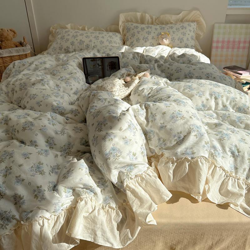 Cotton Double-Layer Yarn 4Pcs Set, Small Lotus Leaf Edge, Fresh Pure Cotton Gauze Quilt Cover, Bed Sheet