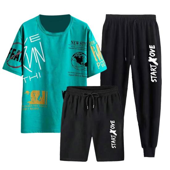 3Pcs/Set Men Sportswear Set Round Neck Short Sleeve T-shirt Elastic Drawstring Waist Shorts Sweatpants Set Printing Tracksuit