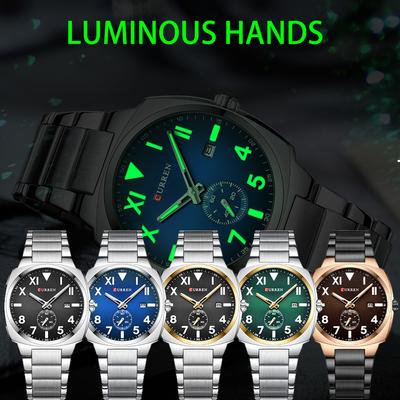 Stylish Elegance Men's Square Quartz Watches with Sub-Second Dial Stainless Steel Band Luminous Function Auto Date Wristwatches