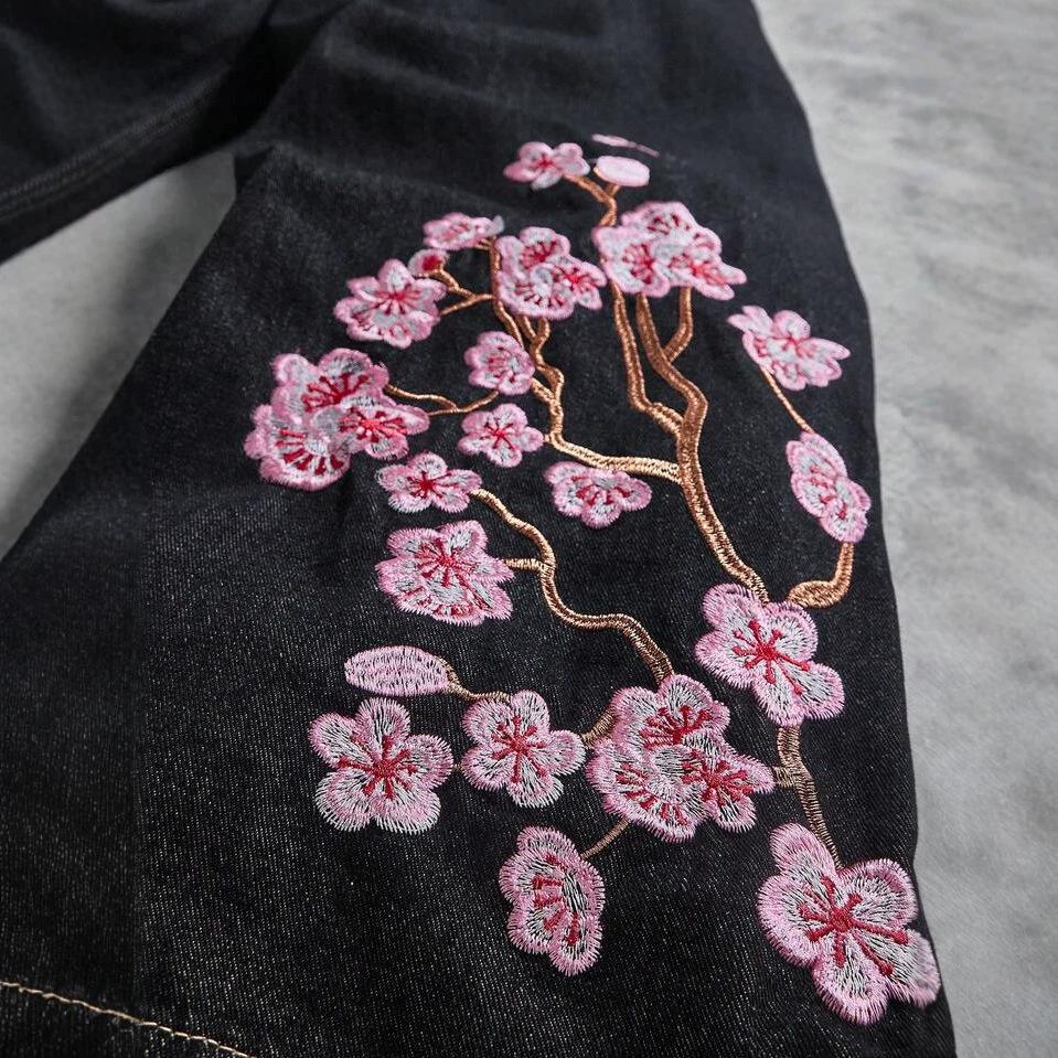 American Hip Hop Personality Street Flower Embroidery Washed Old Jeans Tide