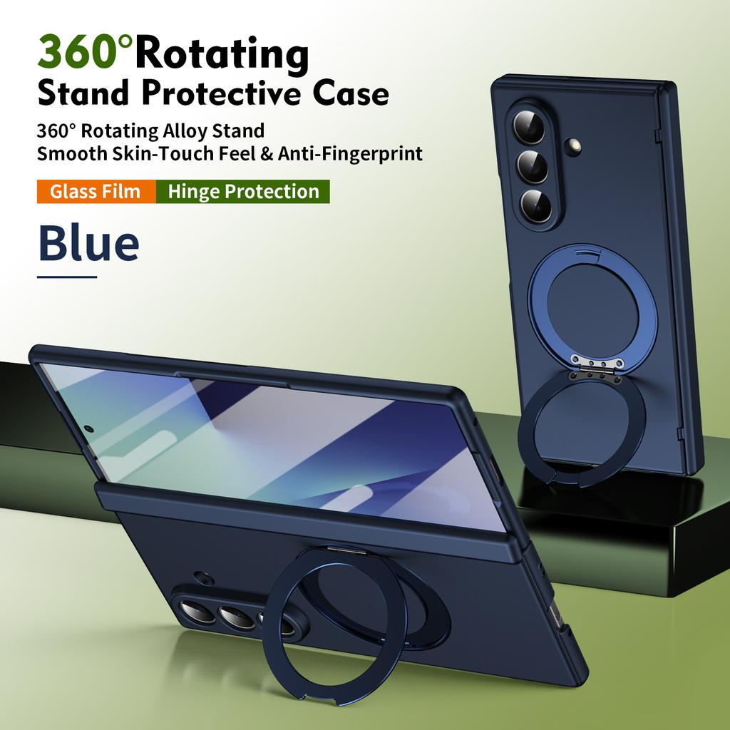 For Samsung Galaxy Z Fold 7 6 5 Phone Case with Tempered Glass, Rotating Magnetic Alloy Stand, Fingerprint Resistant