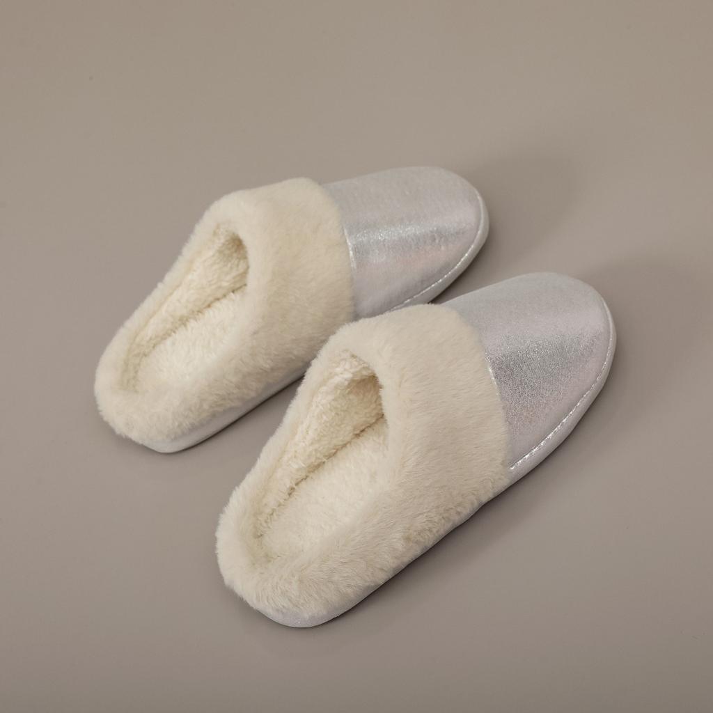 Imitation Fur Shiny Leather Cotton Slippers for Men and Women In Autumn and Winter, Anti Slip, Warm and Thick Fur Confinement Shoes, Bedroom Slippers