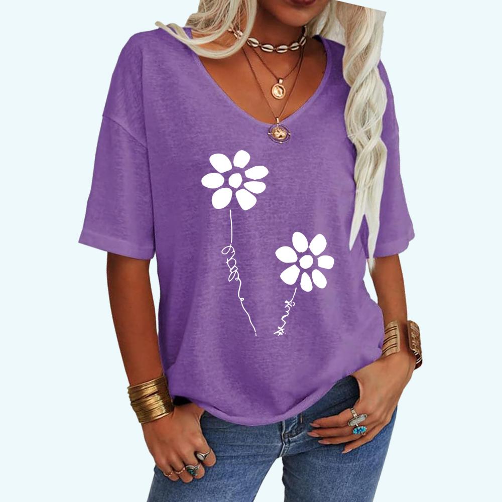 Women Fashion Loose Tee Shirt Casual V Neck Summer Top Feather Print Short Sleeve T-shirt