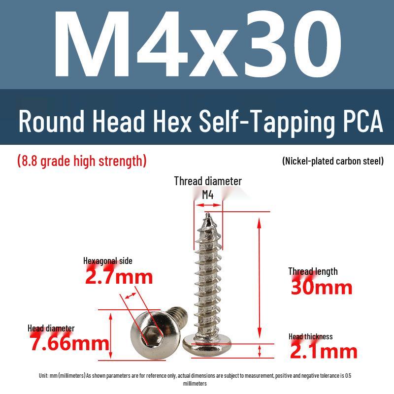 8.8 Grade Round Head Hex Socket Self-Tapping Screws M2-M4 Carbon Steel Bolts