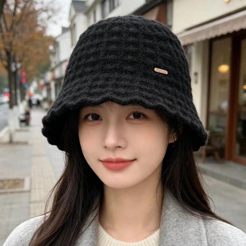 Autumn and winter wool wavy edge bucket hat women's gentle texture basin hat shows small face knitted bucket hat versatile