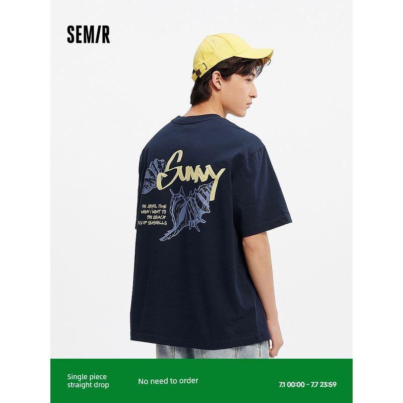 

Senma Short sleeve T-shirt Men s Beach Vacation Clothes Contrast Color Hand Painted Print 2025 Summer New Top Loose Fashion Twilight Blue 81003 170/88A/M