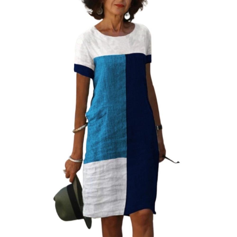 

GMXIA Женские модные летние весенние повседневные платья с короткими рукавами и круглым вырезом с цветными блоками и принтом XXL