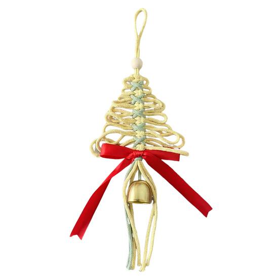 Hand-Woven Christmas Tree Ornaments Rustic Xmas Tree Shaped Handicrafts with Golden Cow Bell And Red Bow for Winter New Year Party Decorations