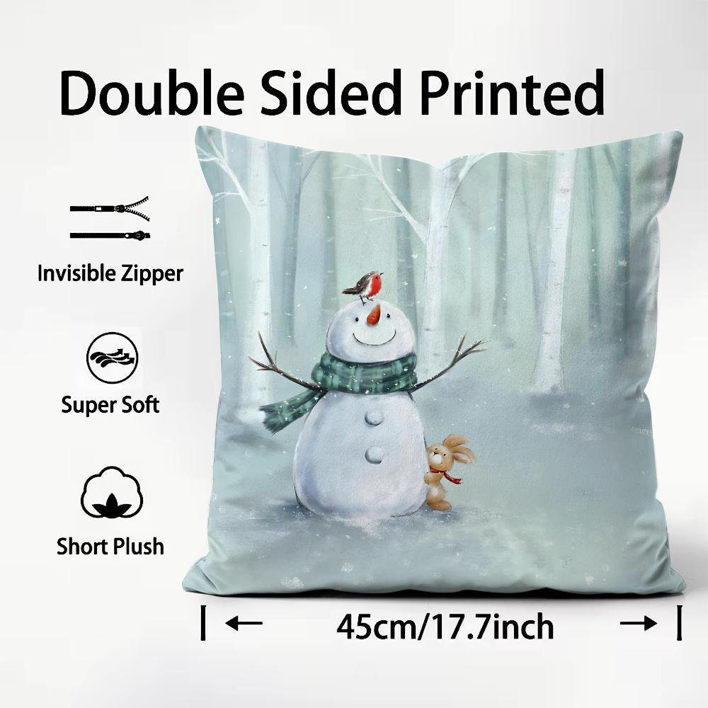 Snowman Cute Cushion Cover Plush Fabric Soft DoubleSided Printed Sofa Warm Winter Home Child Gift Pillow Case