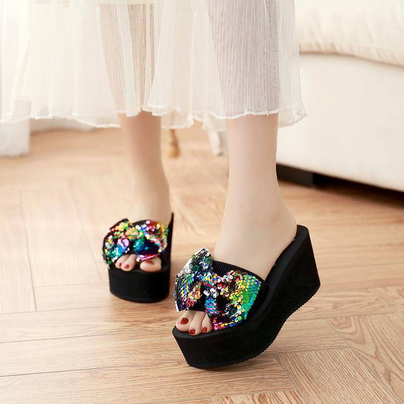 Fashion Glitter Paillette Bow-knot Elevated Slippers Women Open Toe Platform Slides Mixed Colors Bling Anti-skid Creepers Flip Flops2025