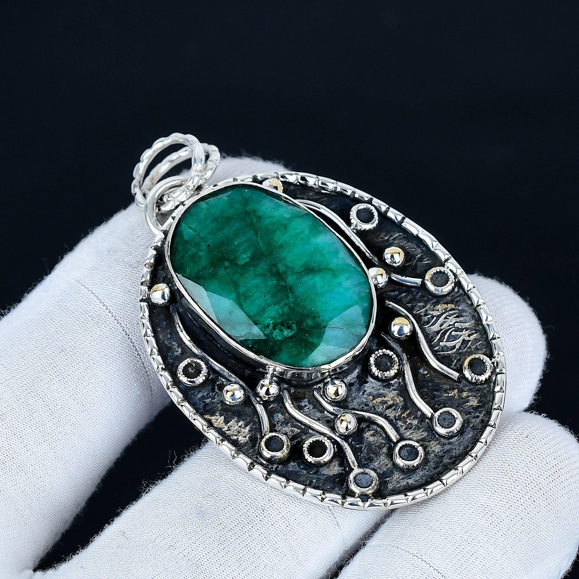 

Emerald Pendant, 925 Sterling Silver Handmade Jewelry, Emerald Silver Pendant, Party Wear Jewelry For Women s, Pendant Christmas Gift 6.5 Cm зелёный