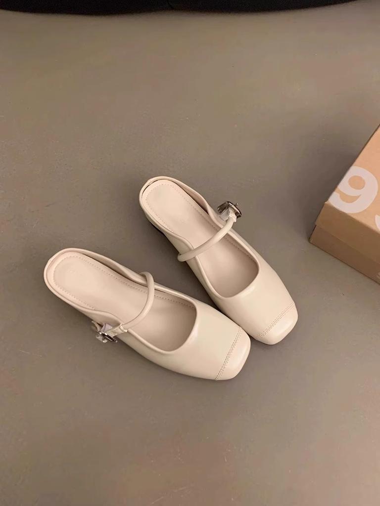 Korean version of one word with Mary Jane single shoes inner height increase women's shoes summer French silver half slippers bag head sandals women