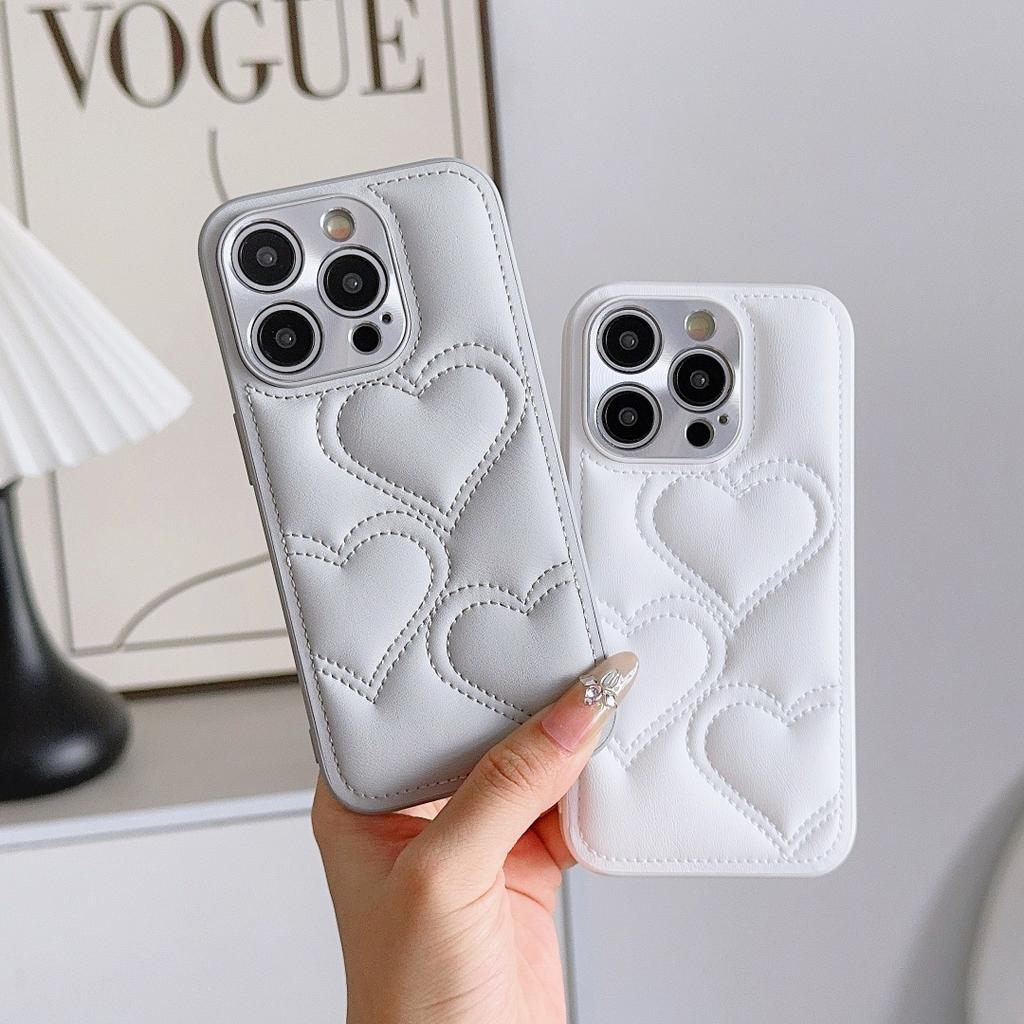 For iPhone 17 16 15 14 Pro Max Air Plus Love Hearts Embossed Leather Camera Lens Protector Full Protection Soft Back Cover