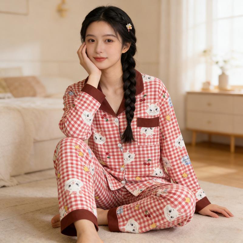 Imiteret bomuld ins japansk sløjfe pyjamas dame forår ny sød pige langærmet loungewear todelt sæt