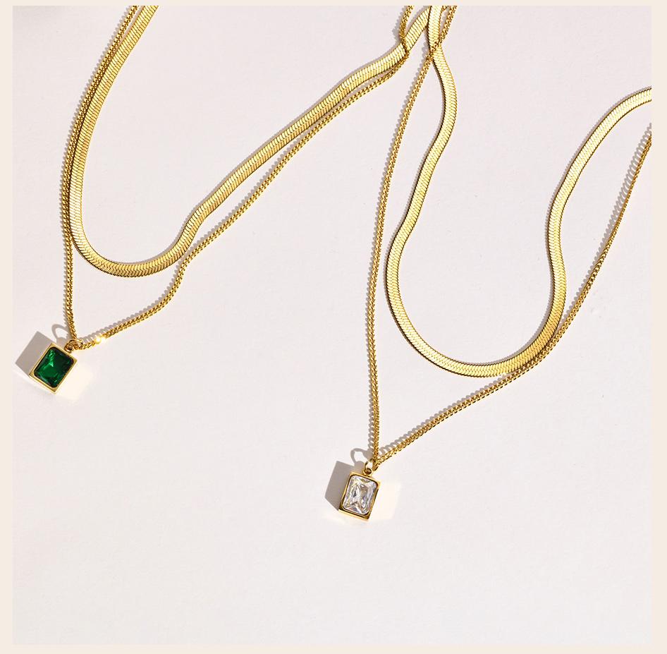Layering Necklace for Women, Gold Plated Stainless Steel Green Zirconia Rectangle Pendant, Herringbone Chain Choker, Set 2Pcs
