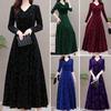 V Neck Long Sleeves Waist Tight A-Line Unique Pattern Women Dress Spring Autumn Pleated Loose Hem Solid Color Velvet Maxi Dress