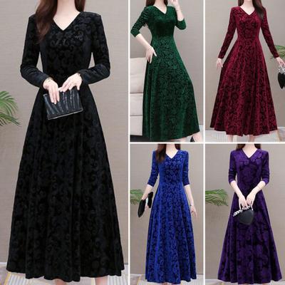 V Neck Long Sleeves Waist Tight A-Line Unique Pattern Women Dress Spring Autumn Pleated Loose Hem Solid Color Velvet Maxi Dress