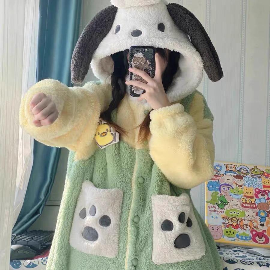 Ledin Pacha Women s Coral Fleece Dog Couple Pajamas Robe - Thickened Autumn/Winter Homewear L