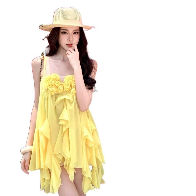French three-dimensional flower suspender dress women's clothing summer seaside vacation temperament irregular ruffle edge short skirt