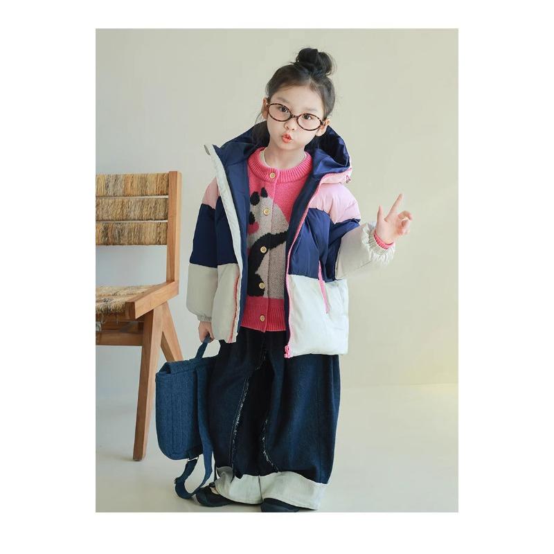 Tri Color Kids Hooded Short Down Jacket Warm Winter Outerwear For Boys And Girls