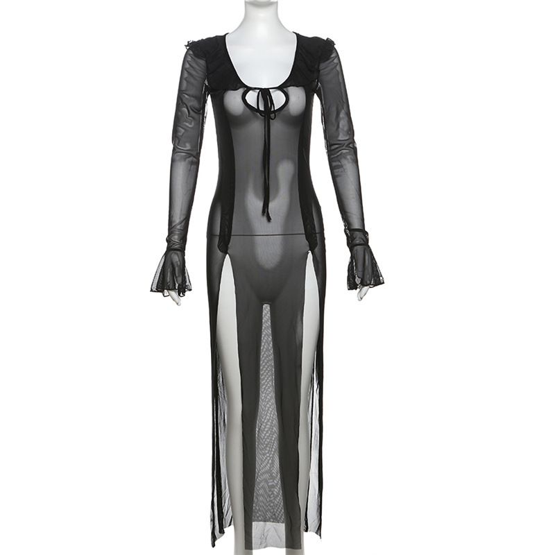 

Outfitgirl Fashion Style Long Sleeves U-Neck Tied Slim Fit Ultra-Thin See-through Voile Dress Bikini Blouse Black S