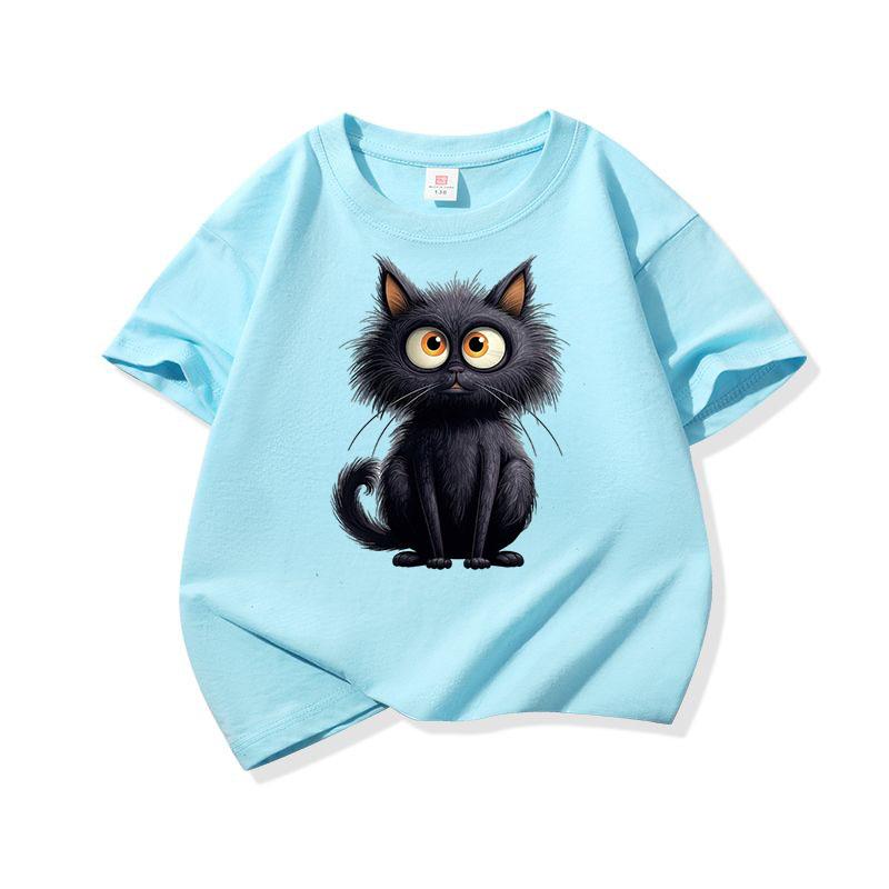 Cute Black Cat Graphic Tee Kids 100 Cotton Crew Neck Casual Breathable T Shirt Short Sleeve Muticolor Tops For Sweet Girls Boys