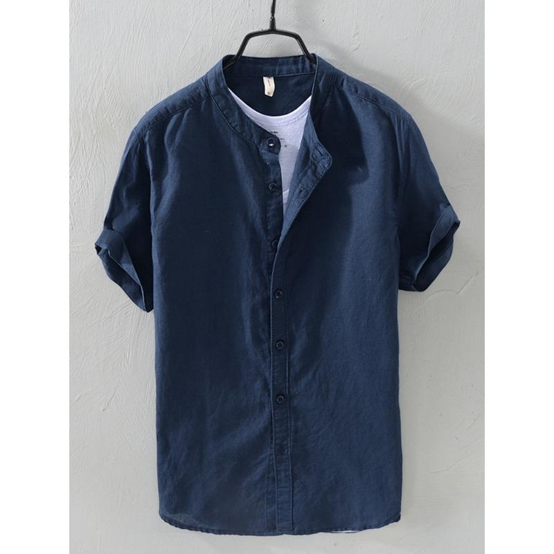 Męska lniana koszula z krótkim rękawem i kołnierzykiem stójką - Przewiewna, casualowa, luźny krój, zapinana na guziki