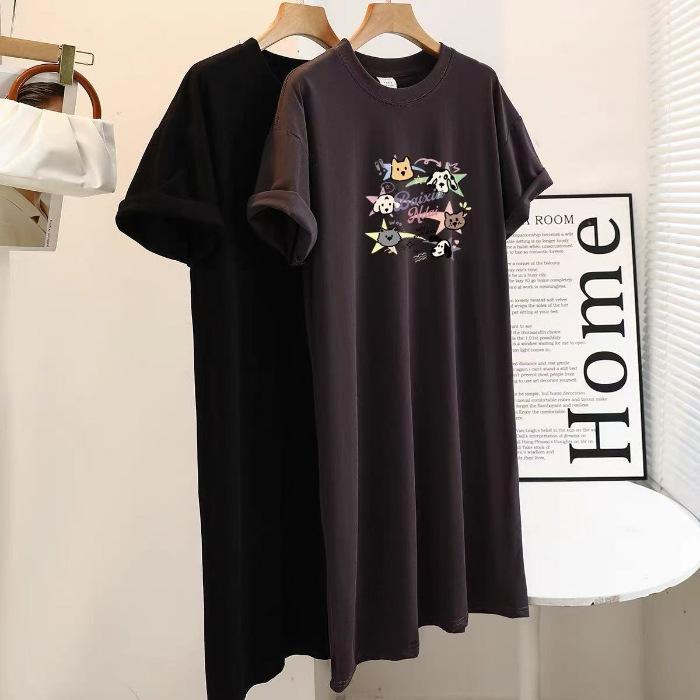 

New Short-sleeved Long Dress, Loose and Casual Over-the-knee T-shirt Dress, Simple Mid-length Dress for Women To Look Slimmer In Summer 2XL темно-серого