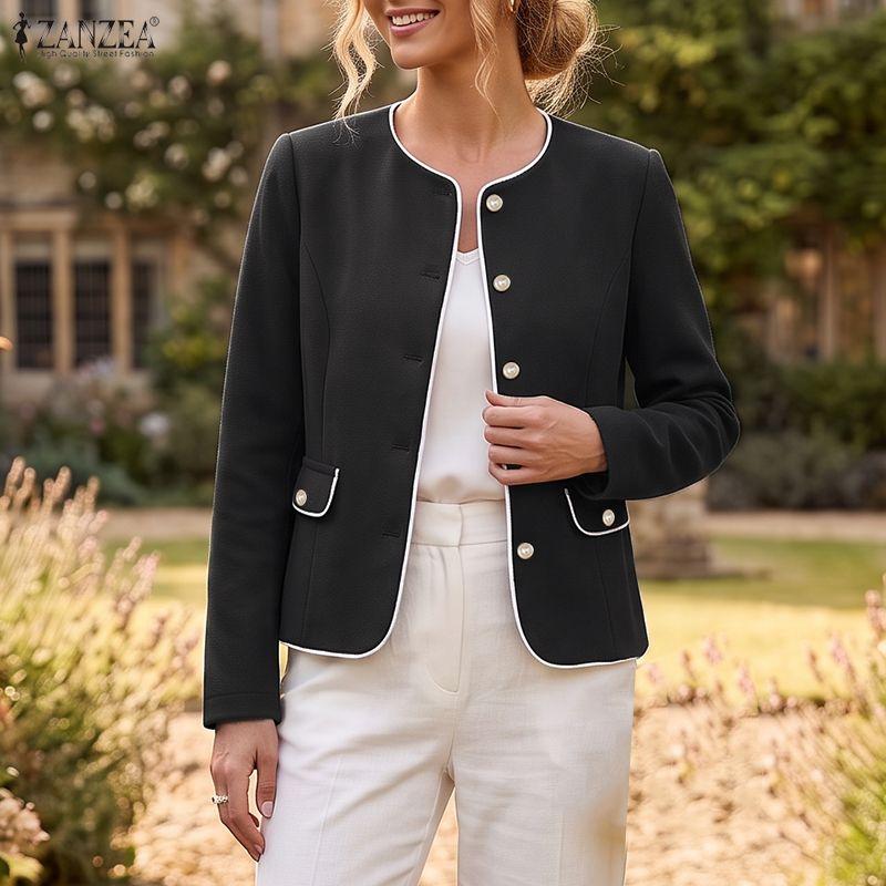 ZANZEA Women Elegant Color Block Round Neck Long Sleeve Thin Cardigan Woolen Jackets
