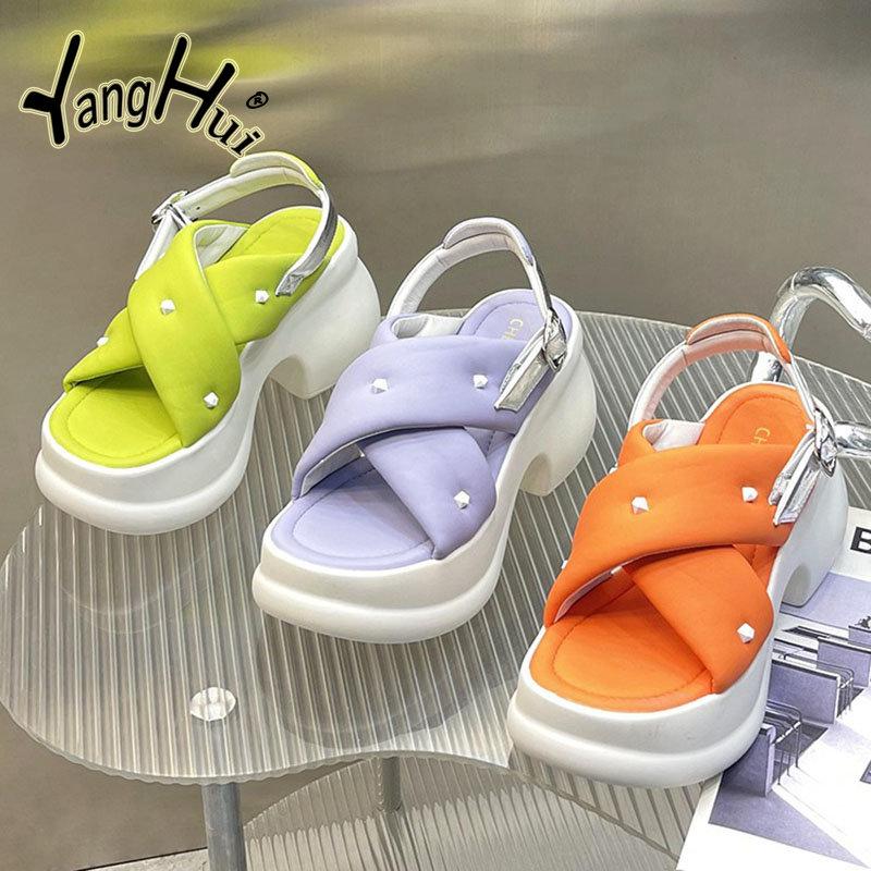 Color Matching Rivets Accessories Women's Sandals Comfortable 2024 Fashion Elevated Thick Bottom Anti-slip Silver Sandals Summer