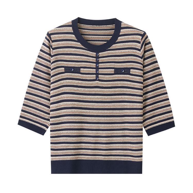 Elegant Korean-Style Striped Knitwear T-Shirt for Women, Plus Size, Loose Fit, Five-Sleeve, Perfect for Middle-Aged & Elderly, Spring Wear.