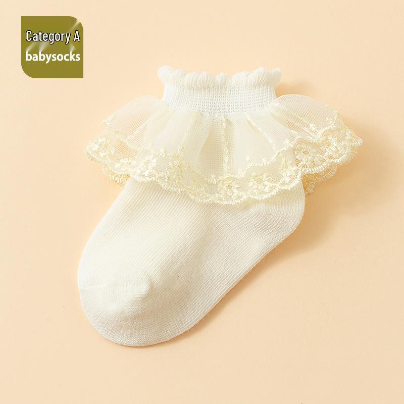 26 New Spring/Autumn Breathable Lace Trim Mid-Calf Socks for Girls