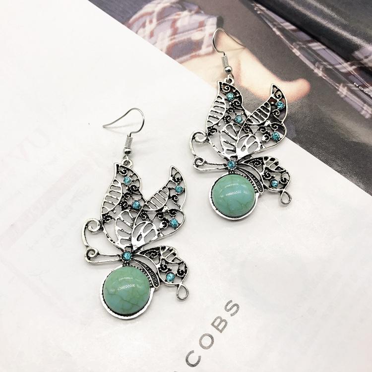 Vintage Necklace Earrings Set Bohemian Ancient Silver Turquoise Sweater Collarbone Chain Versatile Earrings