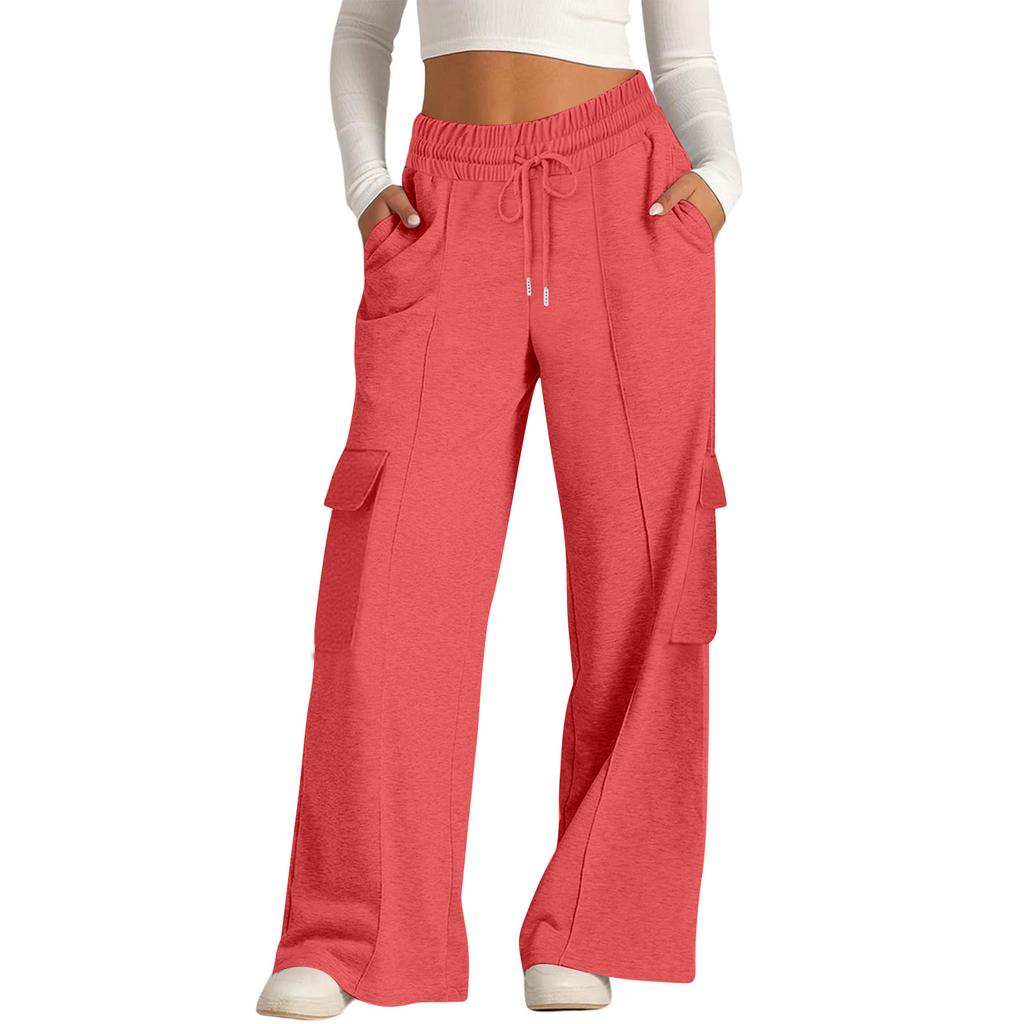 Women's Casual Fashion Color Elastic Waist Drawstring Workwear Wide Leg Pants With Pockets