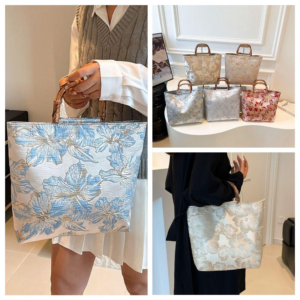 Borsa Tote Jacquard in Tela Chegsam Accessori Manico con Giunzione in Bambù Borsa a Mano Stile Cinese Grande Capacità Chiusura con Zip